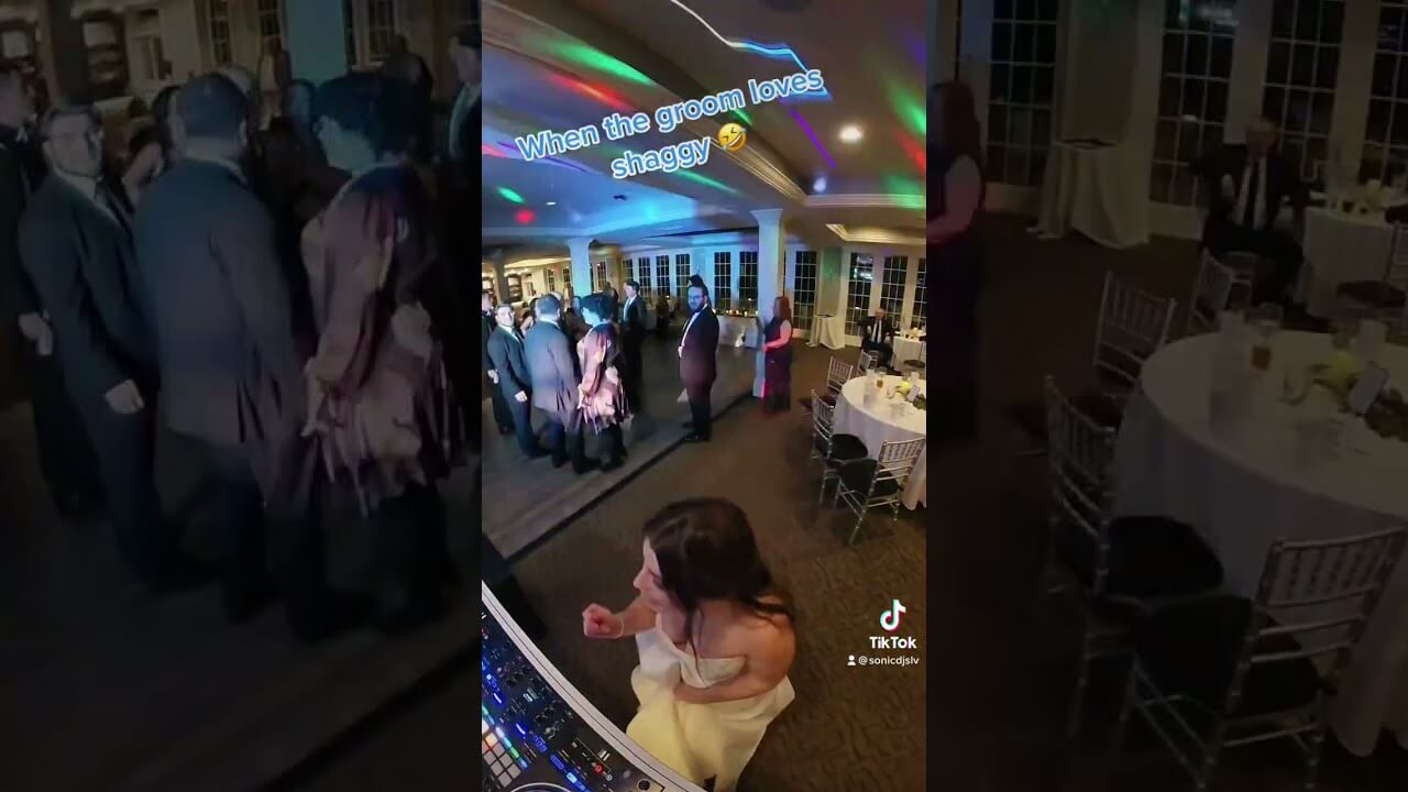 A wedding reception with guests dancing under colorful lights; a DJ is performing and text on the ceiling reads, "When the groom loves shaggy.
