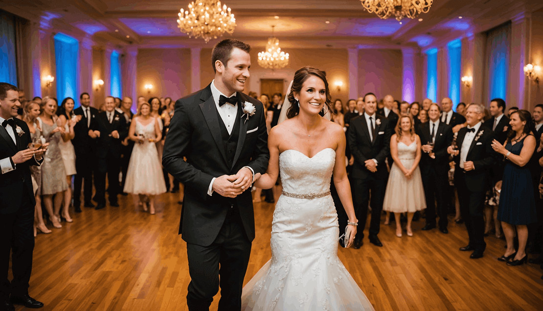 A bride and groom in formal attire walk hand in hand on a wooden floor, surrounded by well-dressed guests at an indoor wedding reception.