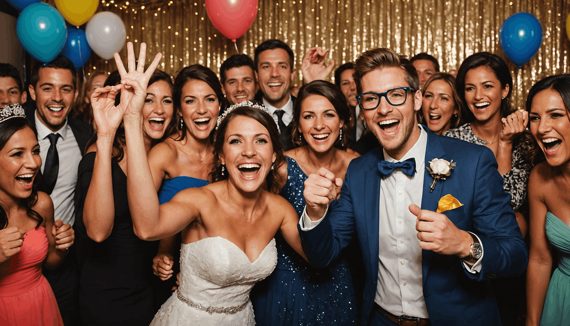 A bride and groom celebrate with friends at a lively indoor wedding reception, with balloons and gold tinsel in the background. Everyone is smiling and looking at the camera.