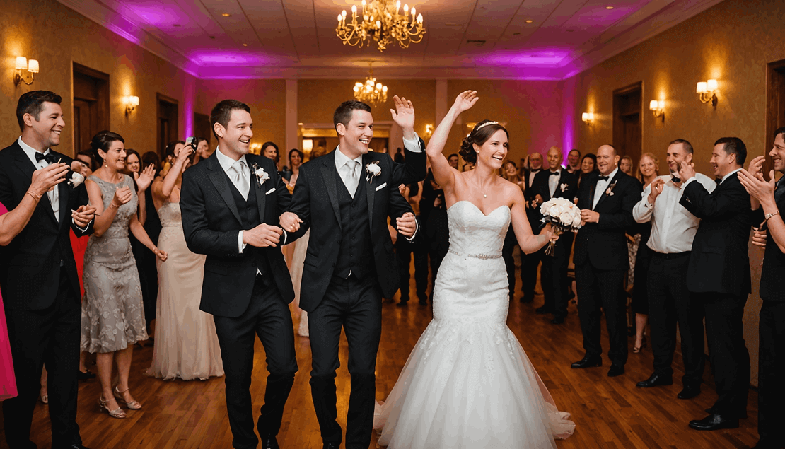 A bride in a white gown walks with two men in suits through a ballroom, surrounded by clapping and smiling wedding guests.