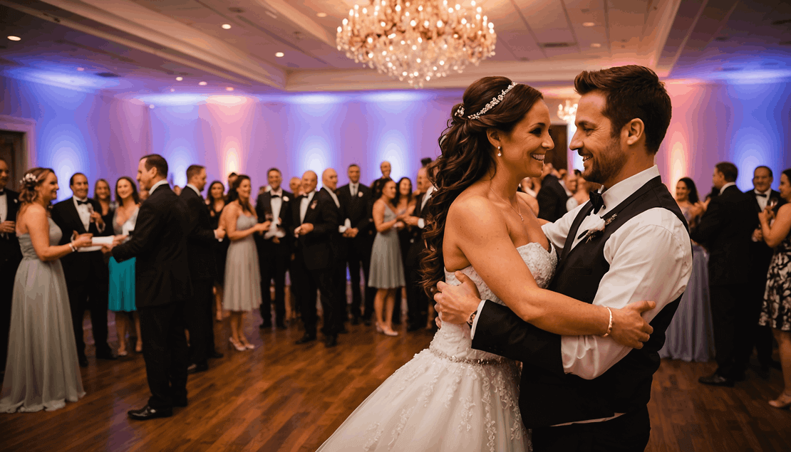 A bride and groom dance together on a wooden floor in a decorated ballroom, surrounded by guests watching and smiling.