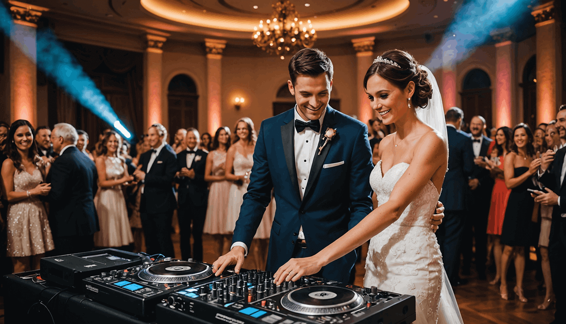 A bride and groom in formal attire stand together at DJ turntables, smiling as they play music at their wedding reception, surrounded by guests in a decorated ballroom.