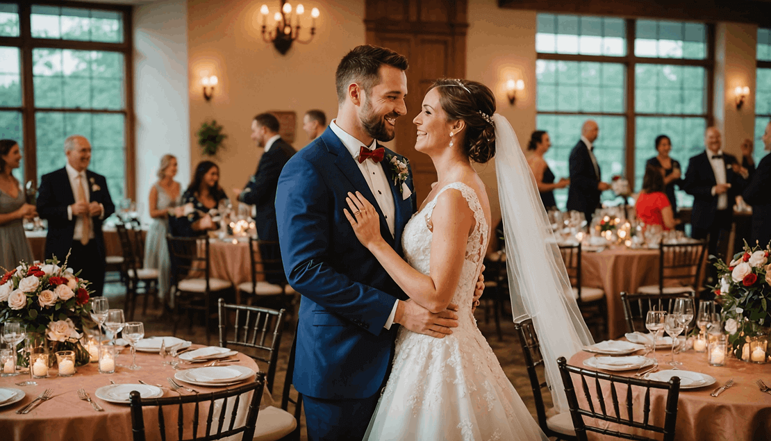 A bride and groom smile and hold each other while dancing in the center of a decorated wedding reception hall, with guests and floral arrangements in the background.