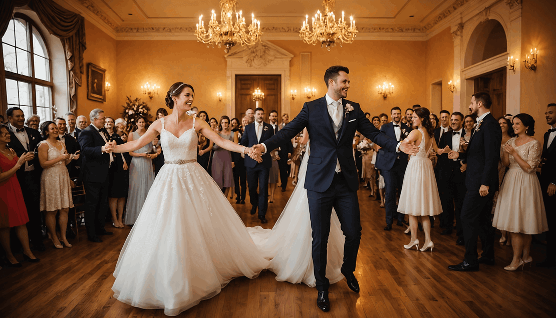 A bride and groom hold hands and dance in the center of a ballroom, surrounded by smiling wedding guests in formal attire.