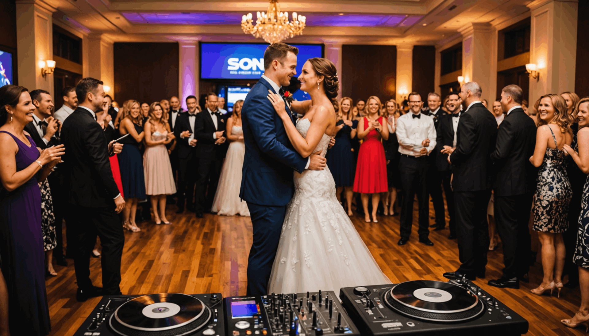 A bride and groom share their first dance at a formal wedding reception, surrounded by well-dressed guests, with DJ equipment in the foreground.