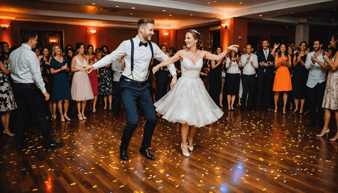 A bride and groom dance together on a confetti-covered floor at their wedding reception while guests stand around them watching and smiling.