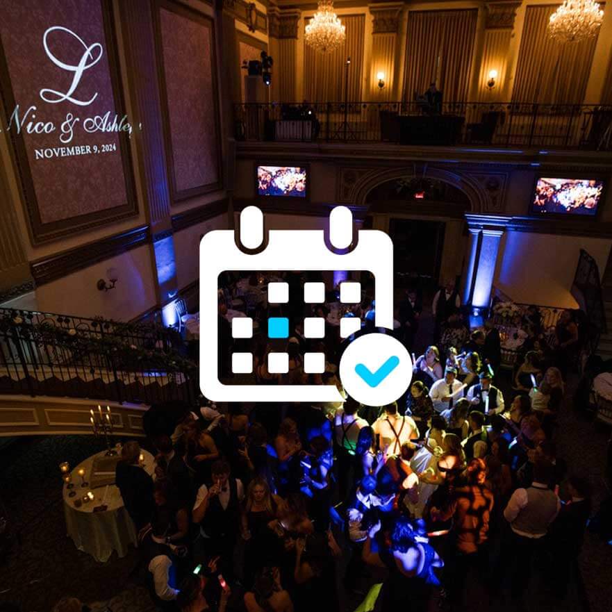 A formal event or wedding reception in a ballroom with people dancing, tables set up, chandeliers, and a digital calendar icon overlay in the foreground.