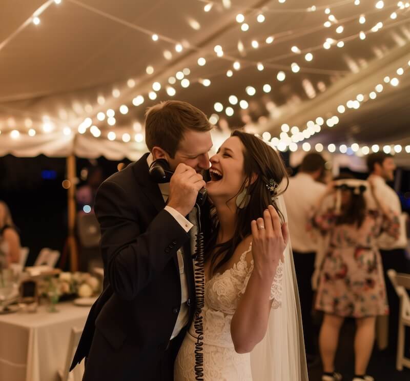 A bride and groom laugh together while sharing an old-fashioned telephone at a decorated wedding reception under string lights.